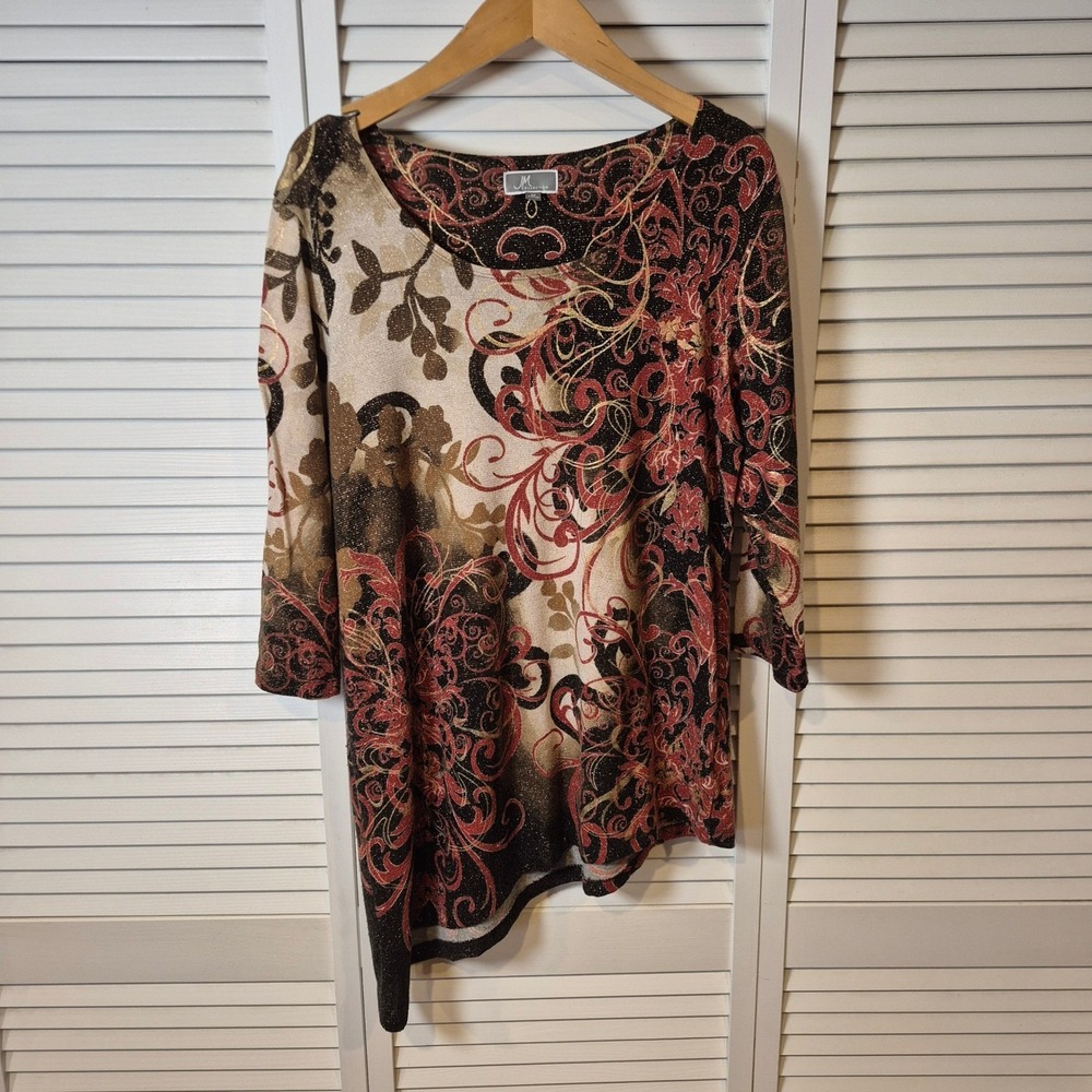 JM Collection Women's M Floral Print 3/4 Sleeve Asymmetrical Hem Top Blouse